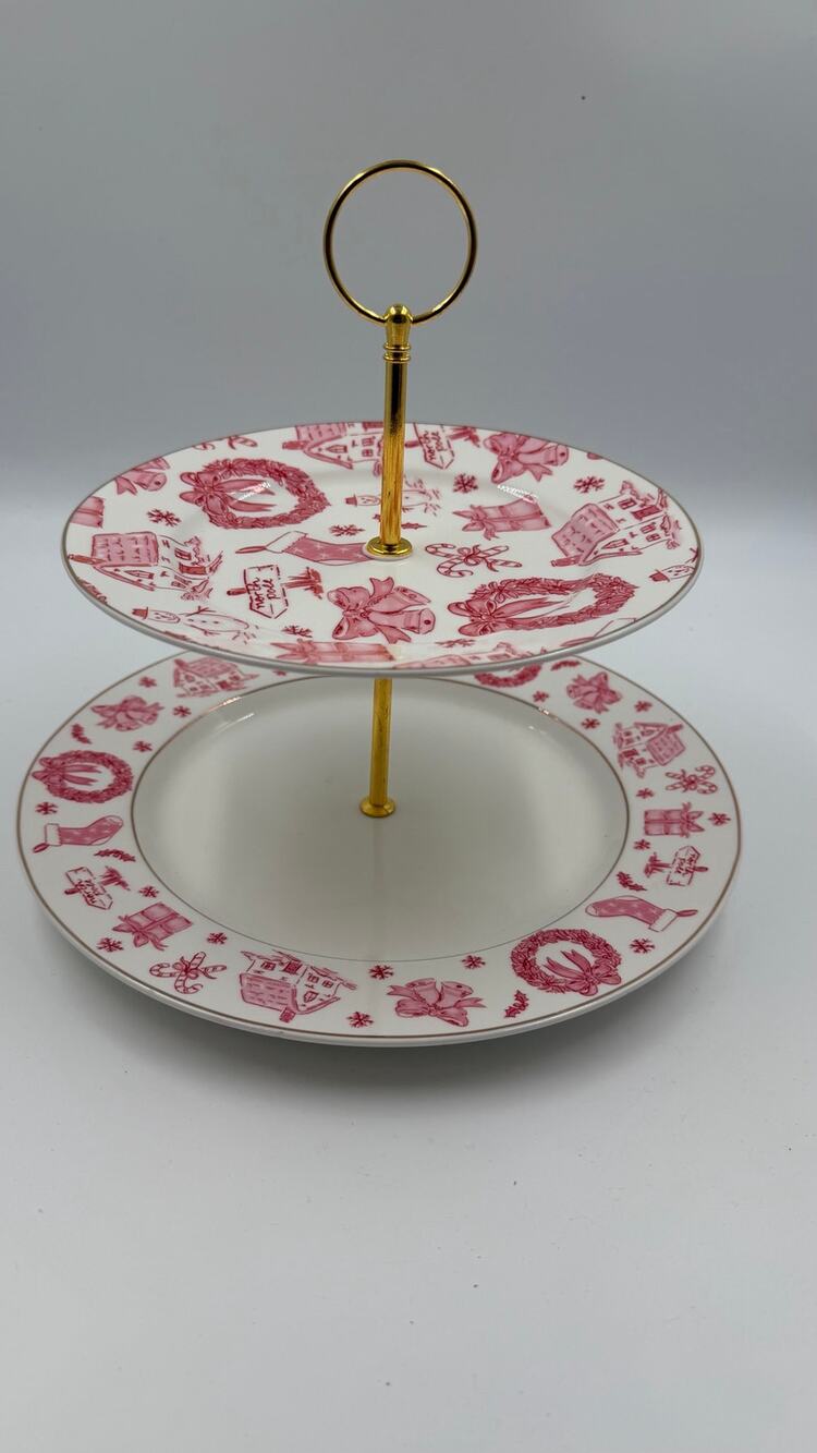 Grace Teaware Christmas Pink Bow 2 Tier Porcelain Serving Tray Gold Trim